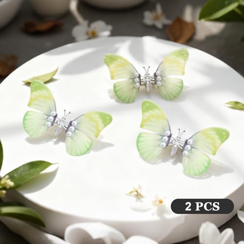 Gradient Butterfly Hair Clips with Moving Wings and Pearls 2Pcs