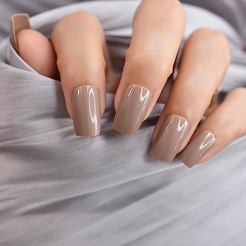 IKISKT Glossy Light Brown Press On Nails Square Fake Nails 24 Pcs