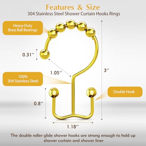 Gold Shower Curtain Hooks - 12 Pcs Rust Proof 304 Stainless Steel
