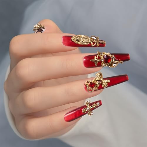 Bratrico 40PCS Gold Nail Charms Set Y2K Baroque 3D Gems with Red Rhinestones