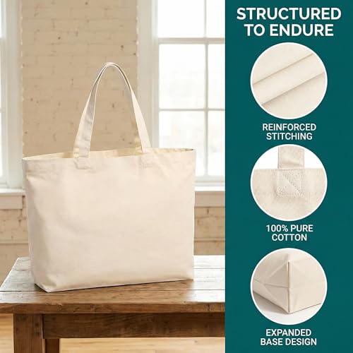 5 Pack Reusable Canvas Tote Bags - Premium Grocery and Shopping Bags