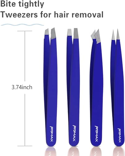 PromaxCare Professional Stainless Steel Tweezers Set - 4-Piece Navy Blue