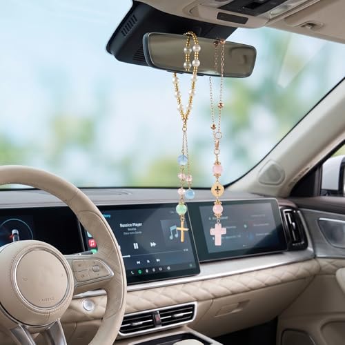 2 Pack Crystal Cross Rearview Mirror Charms - Beaded Hanging Ornaments