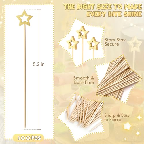 Vicuna R Gold Star Cocktail Picks - 100PCS Bamboo Appetizer Skewers