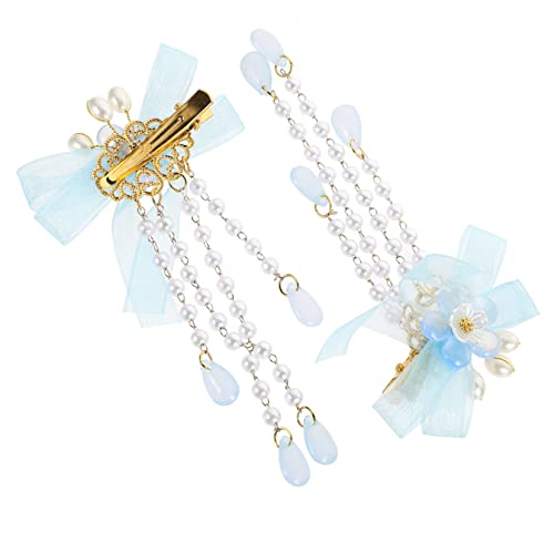 Chinese Style Flower Hair Barrette with Pearl and Tassel Drop, 2 Pcs