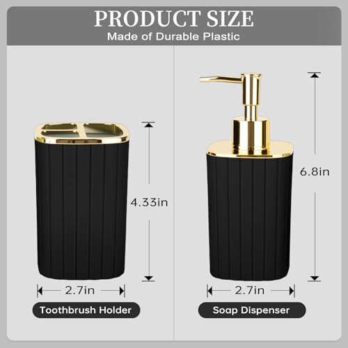 RRM Black and Gold Bathroom Accessory Set - 2-Piece Soap Dispenser & Holder