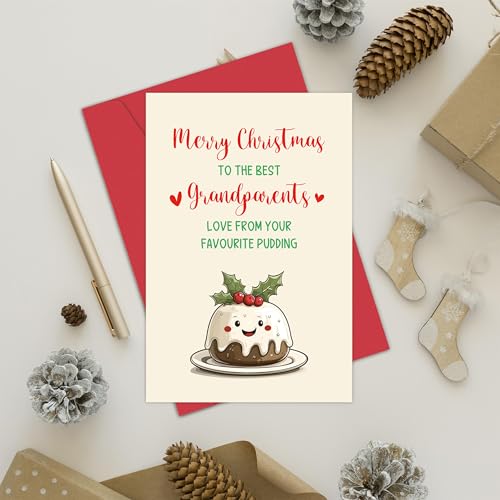 Cute Kawaii Christmas Pudding Card for Grandparents - Funny Holiday Greeting