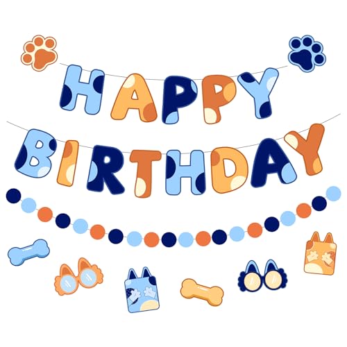 Blue & Orange Happy Birthday Banner Set - Pre-Strung Dog Theme Decorations