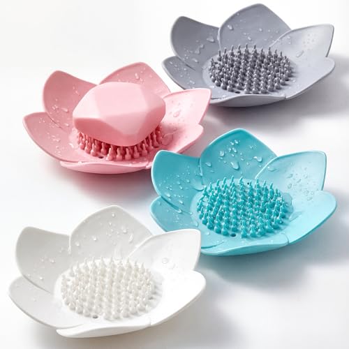 LUSTRIB 4-Piece Lotus Silicone Soap Holder Set - Non-Slip Draining Tray