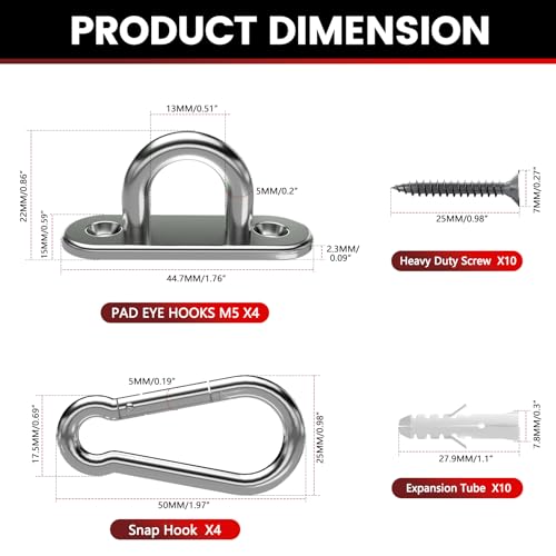 Heavy-Duty Stainless Steel Pad Eye Snap Hook Kit - 500Lb Capacity