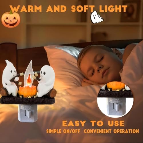 Ghosts Roasting Marshmallows Night Light with Flickering Flame - Halloween Plug-In Lamp - Snowman Christmas Tree Variation