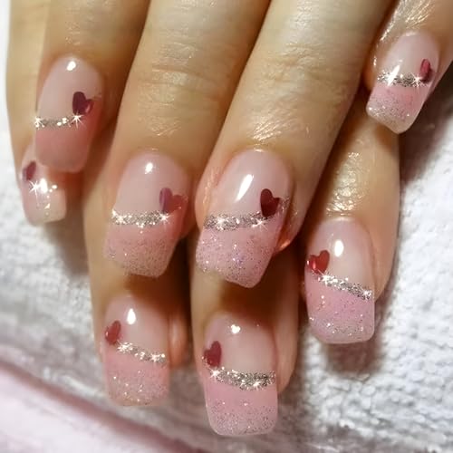 Valentines Press on Nails Medium French Tip with Red Heart Design