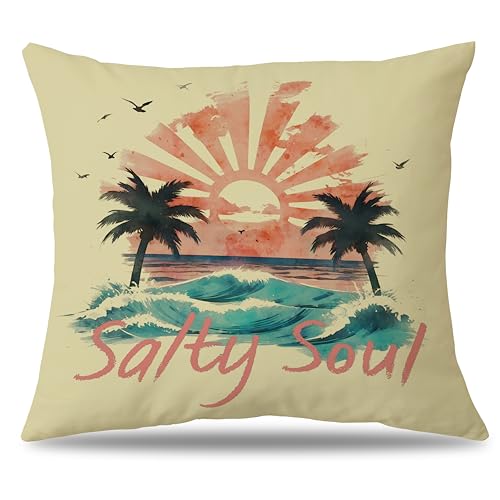 Salty Soul Throw Pillow Cover 18x18 Tropical Beach Sunset Cushion Case