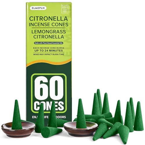 60 Citronella Incense Cones for Outdoor Patio with 2 Ceramic Dishes