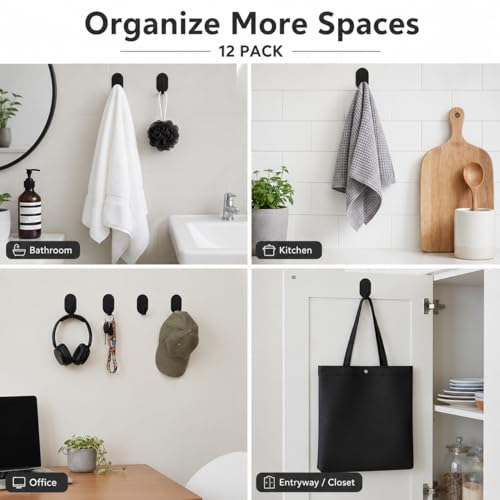 Black Adhesive Wall Hooks - 12 Pcs Minimalist No-Drill Metal Hooks