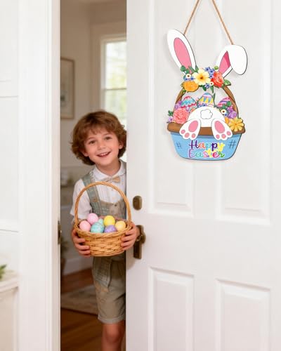 Wooden Easter Wreath - Happy Bunny Basket Door Decoration
