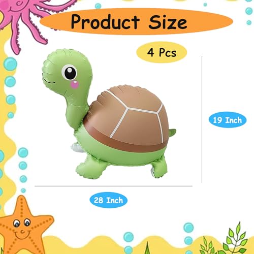 3D Self-Standing Turtle Foil Balloons - 4 Pack, 28-Inch Ocean Party Decor