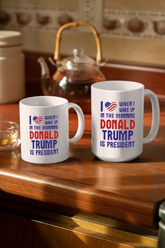 15 Oz White Ceramic Coffee Mug - Funny Heart Flag I Love When I Wake Up & President Trump