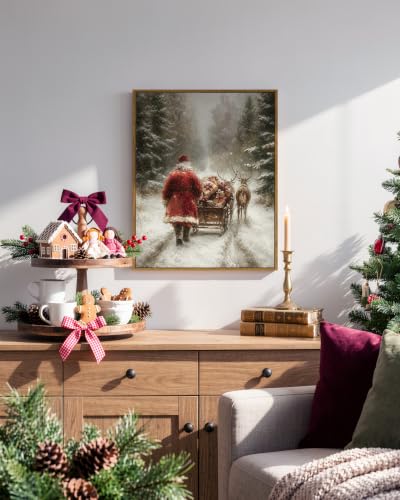 Santa Claus Wall Art Canvas Print 16x20 Framed Christmas Scene with Deer & Santa