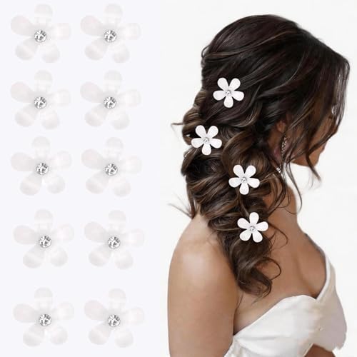 Mini White Rhinestone Flower Hair Clips 10Pcs Bridal Hair Barrettes