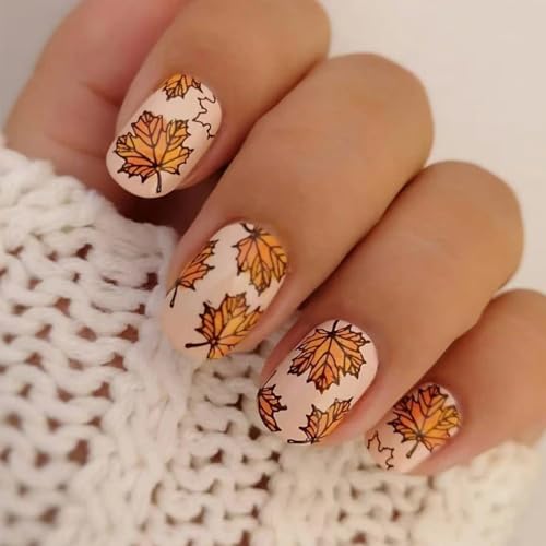 Fall Maple Leaf Press On Nails Short Square Acrylic Fake Nails