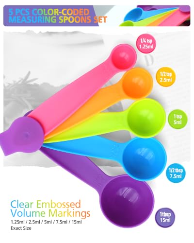 leepiya Measuring Spoons Set of 5, Color Coded Plastic with Fade-Proof Raised Markings