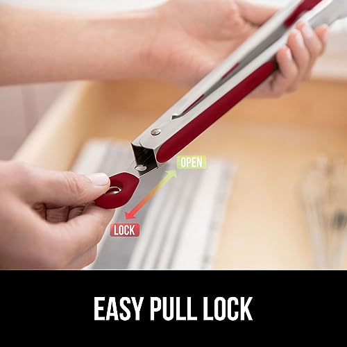 Gorilla Grip Kitchen Tongs Set, 9" & 12" Stainless Steel, Red