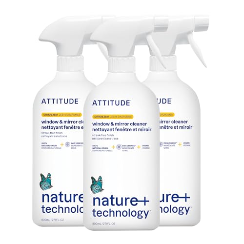 BIO SPECTRA ATTITUDE Glass & Window Cleaner Spray 27 fl oz Pack of 3 - Streak-Free, Ammonia-Free, EWG Verified Citrus Zest Scent