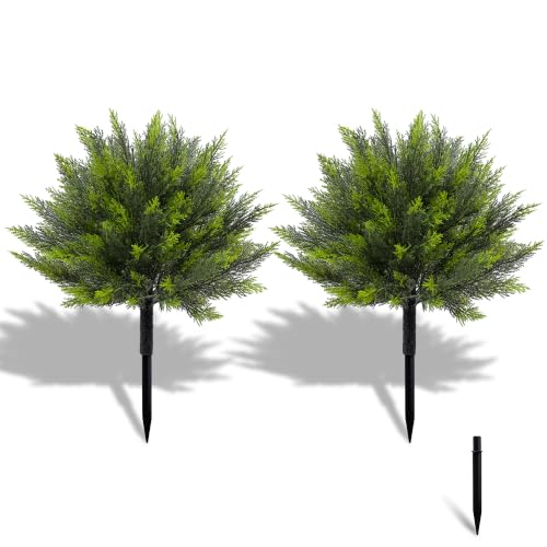 Artificial Cedar Topiary Bush 24 Inch with Ground Spike - Green Cedar, Set of 2
