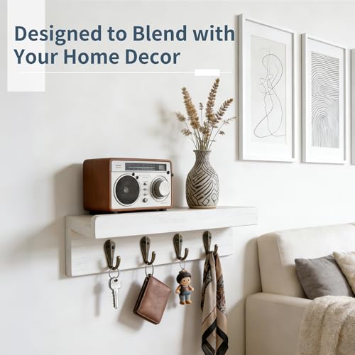 Gulex White Rustic Wooden Key Holder Wall Mount with 4 Hooks — Organize Keys & Mail