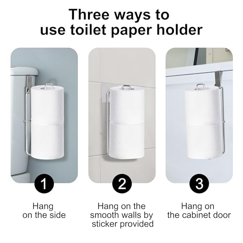 EstZMB Silver Over-the-Tank Toilet Paper Holder with Storage for 2 Rolls, Wall Mount & Adhesive, Small Bathroom Organizer