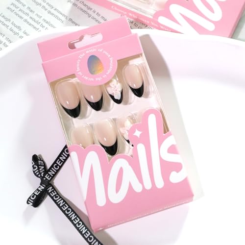 3D Flower Press on Nails Black French Tip Short Almond Fake Nails