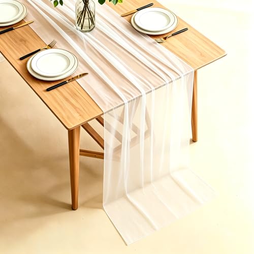 White Chiffon Table Runner 30x120 Inch - 2PCS Sheer Tulle Wedding Decor - Variation: White