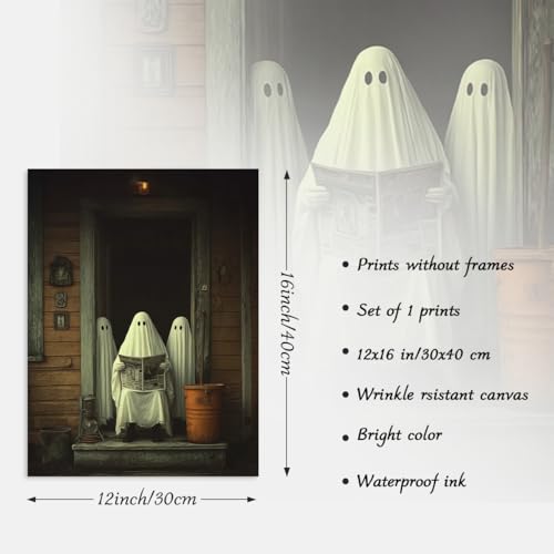Rustic Halloween Ghost Wall Art - Spooky 3 Ghosts Print 12x16