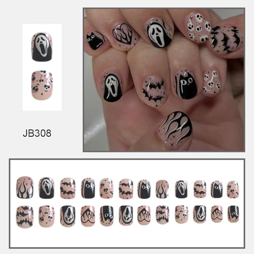Halloween Short Square Press on Nails with Ghost Design 24Pcs