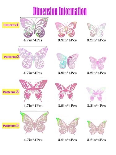 3D Metallic Butterfly Wall Stickers Pink Party Decor 48 Pcs
