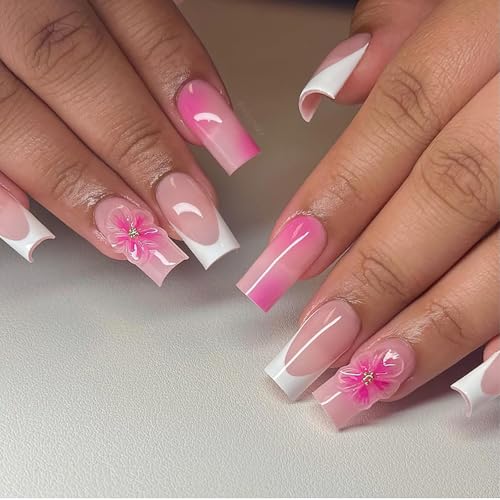 Jremg White French Tip Press on Nails Medium Square with 3D Flowers 24Pcs