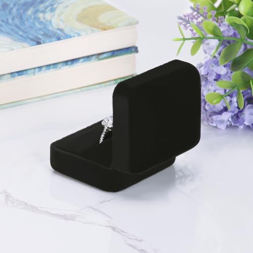 LETURE Black Glossy Jewelry Ring Box with LED Light - Velvet Gift Box for Engagement & Weddings