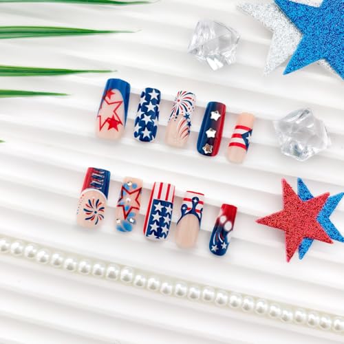 4th of July Press on Nails Medium Square Red White Blue Rhinestone Fake Nails