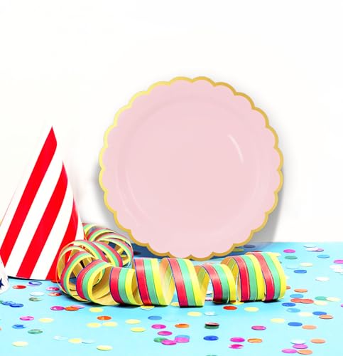 50 Light Pink Scalloped Paper Plates with Gold Foil - 7 Inch Disposable Dinner Plates for Parties