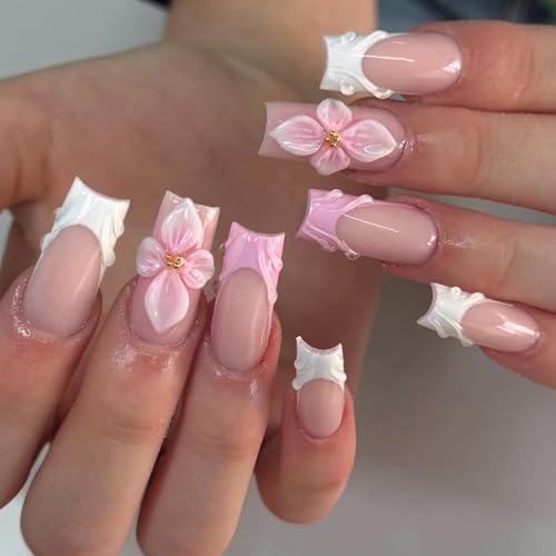 PSBRBAD Long Square French Press on Nails with 3D Flower and Pearl