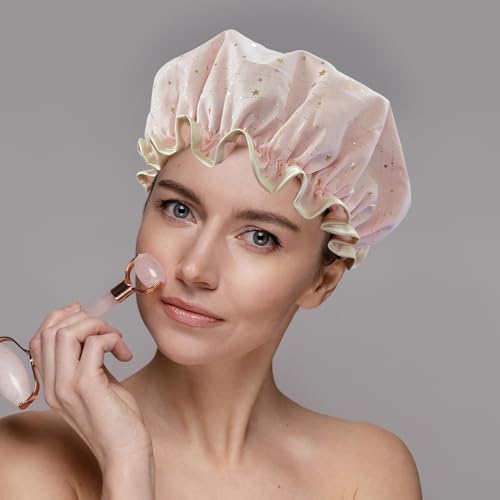 2 Pack Waterproof Shower Caps for Women - Reusable Elastic Hair Bonnet