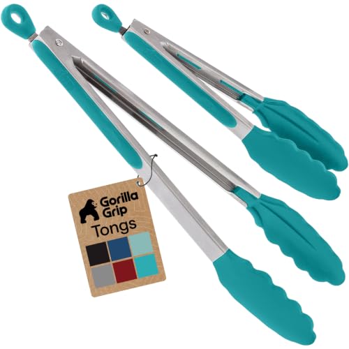 Gorilla Grip 2-Pack Stainless Steel Kitchen Tongs with Silicone Tips - Turquoise, 7 & 9 Inches