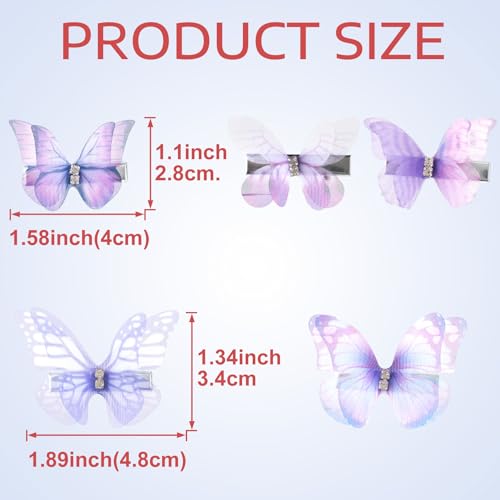 VARMDUKKE 5Pcs Purple Butterfly Hair Clips Rhinestone Organza Barrettes