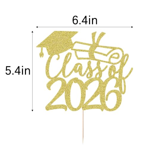 2026 Gold Graduation Cake Topper - Glitter Party Decoration