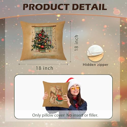 Retro Christmas Deer Couch Pillow Covers Set of 2 - 18x18 Holiday Decor