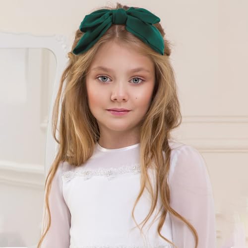 Galuobal Dark Green Satin Hair Bow Headband and Clips Set for Girls