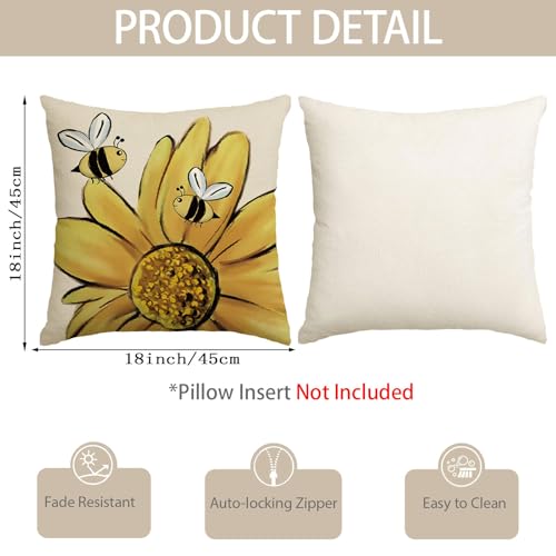Decorative Bee & Sunflower Pillow Covers - Set of 4, 18x18 Inch