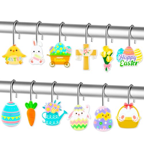 MALLMALL6 12Pcs Easter Shower Curtain Hooks - Bunny & Egg Designs