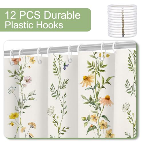 Boho Floral Shower Curtain - Green Vines, Waterproof, 72x72 inches